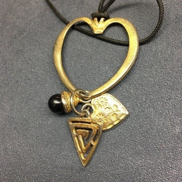 Heart Swirl Pendant Necklace Black Cord Bead Gold Triangle Spiral Retro Boho - Picture 5 of 7